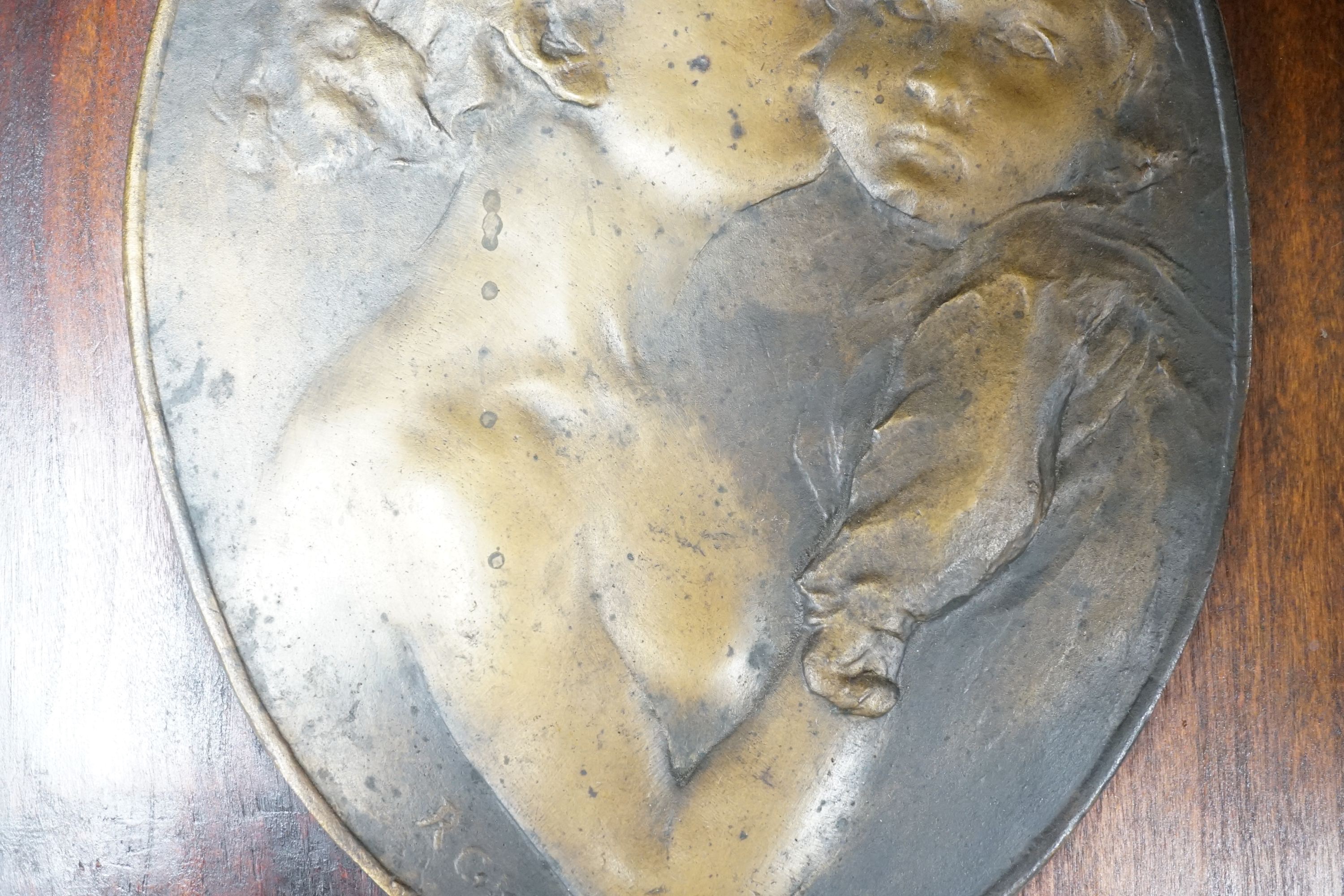 Robert Greter - oval relief plaque of a mother and child, mounted on board, plaque 26x19cm